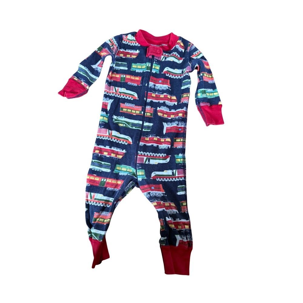 Hanna Andersson Organic Cotton Train Print Sleeper Pajamas Navy Red 9-12 Months
